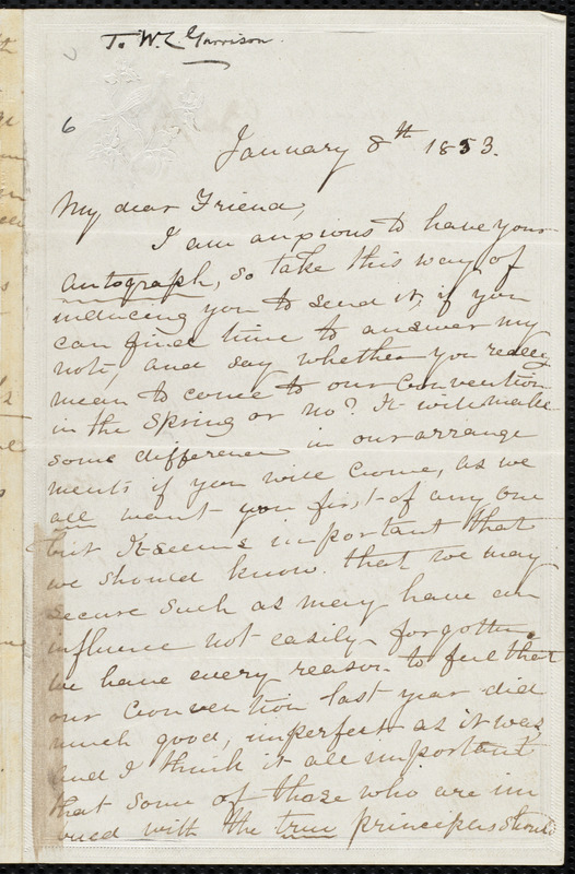 Letter from Sarah Otis Ernst, to William Lloyd Garrison, January 8th ...