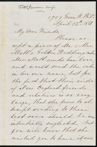 Letter from Mary Grew, 1709 Green St[reet], Phil[adelphia], [Pa.], to William Lloyd Garrison, April 12th, 1861