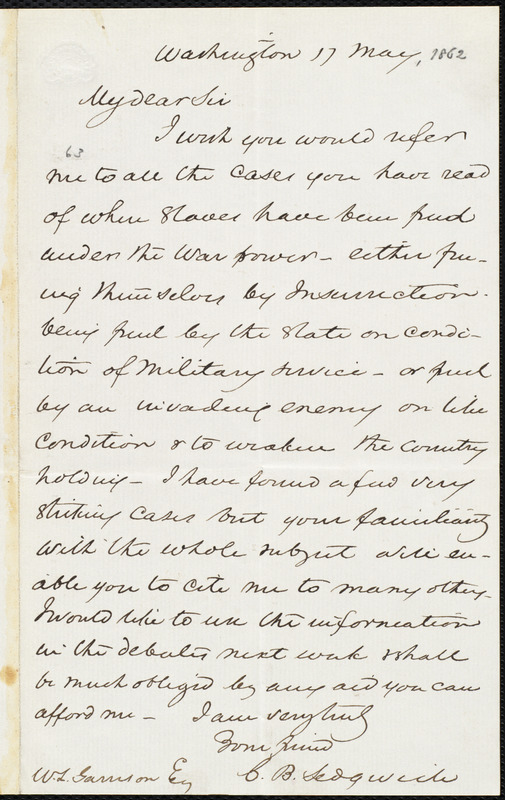 Letter from Charles Baldwin Sedgwick, Washington, [D.C.], to William ...