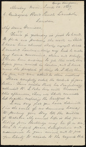 Letter from George Thompson, 6 Guildford Road, South Lambeth, London, [England], to William Lloyd Garrison, Monday noon, June 10, 1867