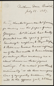 Letter from Mary Anne Estlin, Durdham Down, Bristol, [England], to William Lloyd Garrison, July 22, 1867