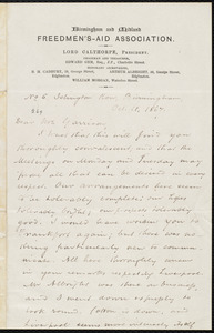 Letter from Thomas Phillips, No. 6 Islington Row, Birmingham, [England], to William Lloyd Garrison, Oct. 11, 1867