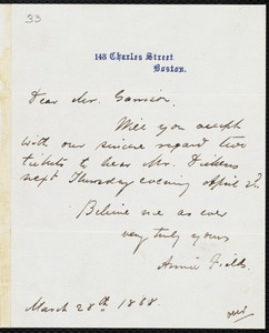 Letter from Annie Fields, 148 Charles Street, Boston, [Mass.], to William Lloyd Garrison, March 28th, 1868