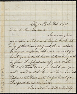 Letter from Sarah Moore Grimké, Hyde Park, [N.Y.], to William Lloyd Garrison, Feb. 13 / [18]71