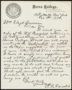 Letter from Charles Grandison Fairchild, 116 Fulton St[reet], New York, to William Lloyd Garrison, Feb. 9th, 1872