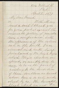 Letter from Mary Grew, 1312 Filbert St[reet], Phil[adelphi]a, [Pa.], to William Lloyd Garrison, April 2, 1877
