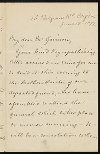 Letter from Mary Anne Estlin, 16 Belgrave Rd., Clifton, [England], to William Lloyd Garrison, June 18, 1877