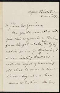 Letter from Mary Anne Estlin, Clifton, Bristol, [England], to William Lloyd Garrison, Nov. 1, 1877