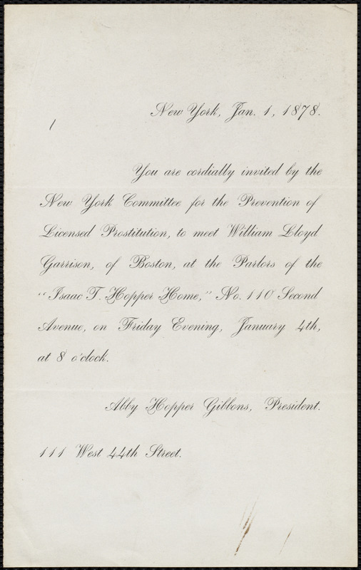 Invitation from Abby Hopper Gibbons, 111 West 44th Street, New York, Jan. 1, 1878