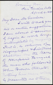 Letter from Richard Josiah Hinton, San Francisco, Cal[iforni]a, to William Lloyd Garrison, April 4, 1878