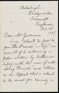 Letter from Jane E. Metford, Halesleigh, Bridgwater, Somerset, England, to William Lloyd Garrison, Oct. 1st, [1878]