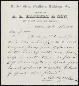 Letter from A. L. Haskell, Boston, [Mass.], to William Lloyd Garrison, April 26th, 1879