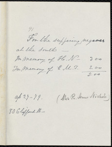 Note from R. Anne Nichols, 80 Clifford St[reet], to William Lloyd Garrison, Ap[ril] 27-[18]79