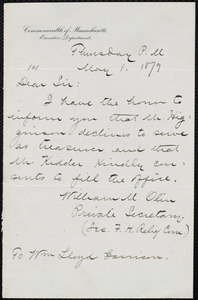 Letter from William M. Olin, Commonwealth of Massachusetts, Executive Department, to William Lloyd Garrison, May 1, 1879
