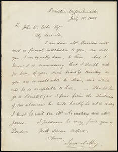 Letter from Samuel May, Leicester, Massachusetts, to John Bishop Estlin, July 15, 1846