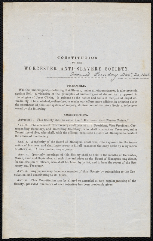 Constitution of the Worcester Anti-Slavery Society, Worcester, Mass., [1846?]