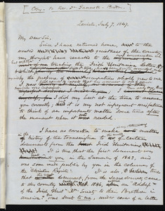 Copy of a letter from Samuel May, Leicester, [Mass.], to Ezra Stiles Gannett, July 7, 1847