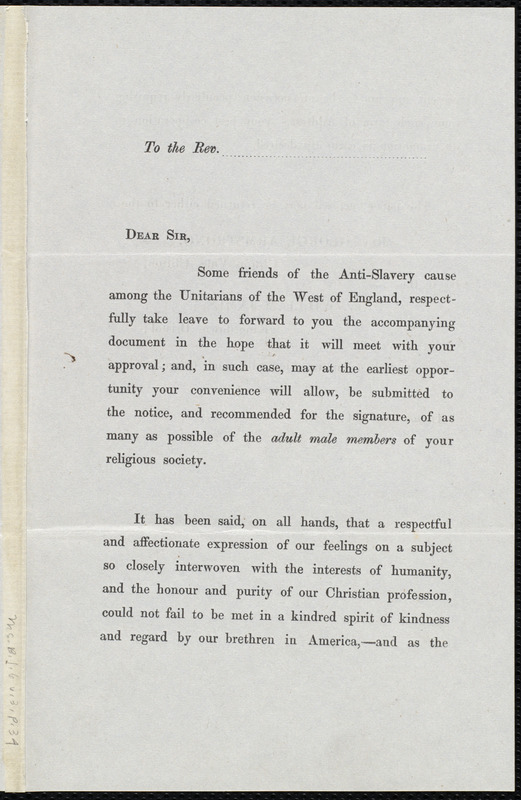 Circular letter from the Unitarians of the west of England to Samuel May, Bristol, August 1st, 1847