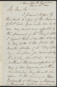 Letter from Joseph Hutton, King's Cross, [London], to Samuel May, April 20th, 1849