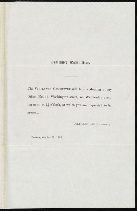 Notice of a meeting from the Vigilance Committee, Boston, to Samuel May, October 21, 1850