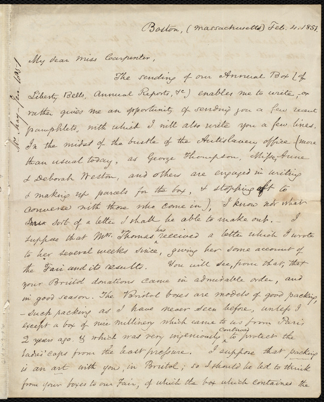 Letter from Samuel May, Boston, to Mary Carpenter, Feb. 4, 1851 ...