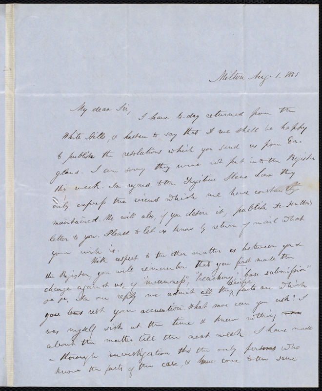 Letter From John Hopkins Morison Milton Mass To Samuel May Aug 1 1851 Digital 