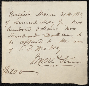 Receipt from James Miller M'Kim, March 31st, 1854
