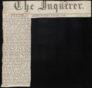 Newspaper clipping from Parker Pillsbury, [England], to Samuel May, [January, 1856?]