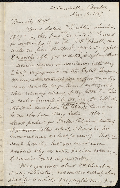 Letter from Samuel May, Boston, to Richard Davis Webb, Nov. 13, 1857 ...