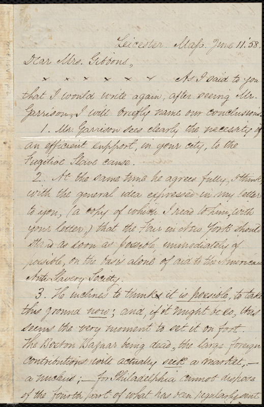 Letter from Samuel May, Leicester, Mass., to Abby Hopper Gibbons, June