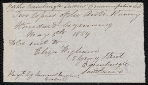Subscription order to the National Anti-Slavery Standard from Eliza Wigham, Edinburgh, [May 5th?], 1859