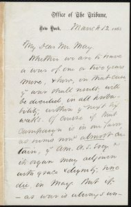 Letter from Sydney Howard Gay, New York, to Samuel May, March 12, 1865