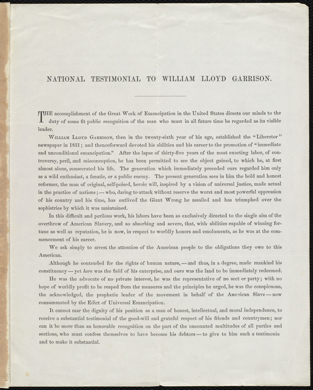 National testimonial to William Lloyd Garrison, Boston, April 25, 1866