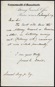 Letter from James C. Davis, Boston, to Samuel May, February 6, 1869