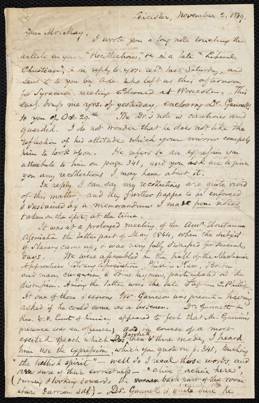 Letter from Samuel May, Leicester, [Mass.], to Samuel Joseph May ...