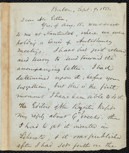 Letter from Samuel May, Boston, to John Bishop Estlin, Sept. 9, 1851