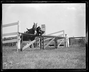 A rider falling off of a horse