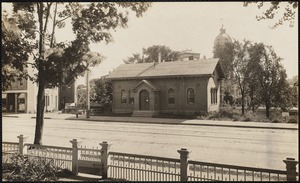 Old YMCA in rear of bank facing Washington Street. Newton Corner, Newton, MA