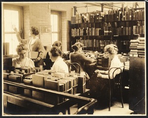 Newton Free Library, Old Main, Centre St. Newton, MA. Old Main, interior., 2nd fl., librarians at work