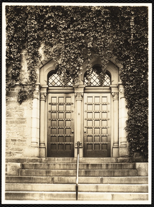 Newton Free Library, Old Main, Centre St. Newton, MA. Close-up of front doors, Old Main