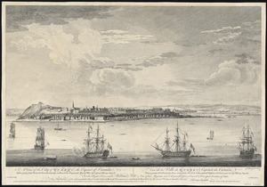 A view of the city of Quebec, the capital of Canada, taken partly from the Pointe des Peres, and partly on board the Vanguard Man of War =