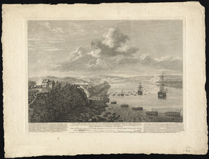 A view of the landing place above the town of Quebec, describing the assault of the enemys post, on the banks of the River St. Lawrence, with a distant view of the action between the British & French armys, on the Hauteurs d'Abraham, Septr. 13th 1759