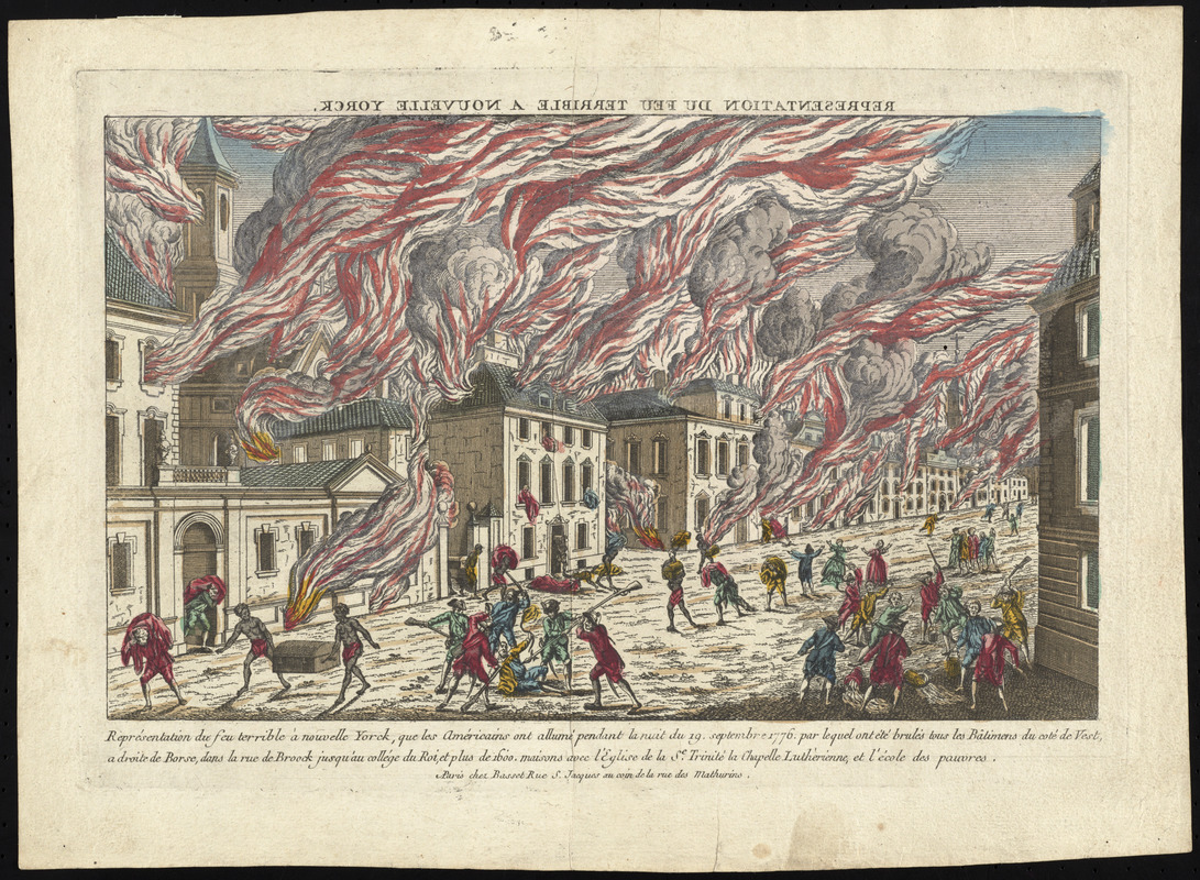 Représentation du feu terrible à Nouvelle Yorck, que les Américains ont allumé pendant la nuit du 19 Septembre 1776 ... et l'école des pauvres