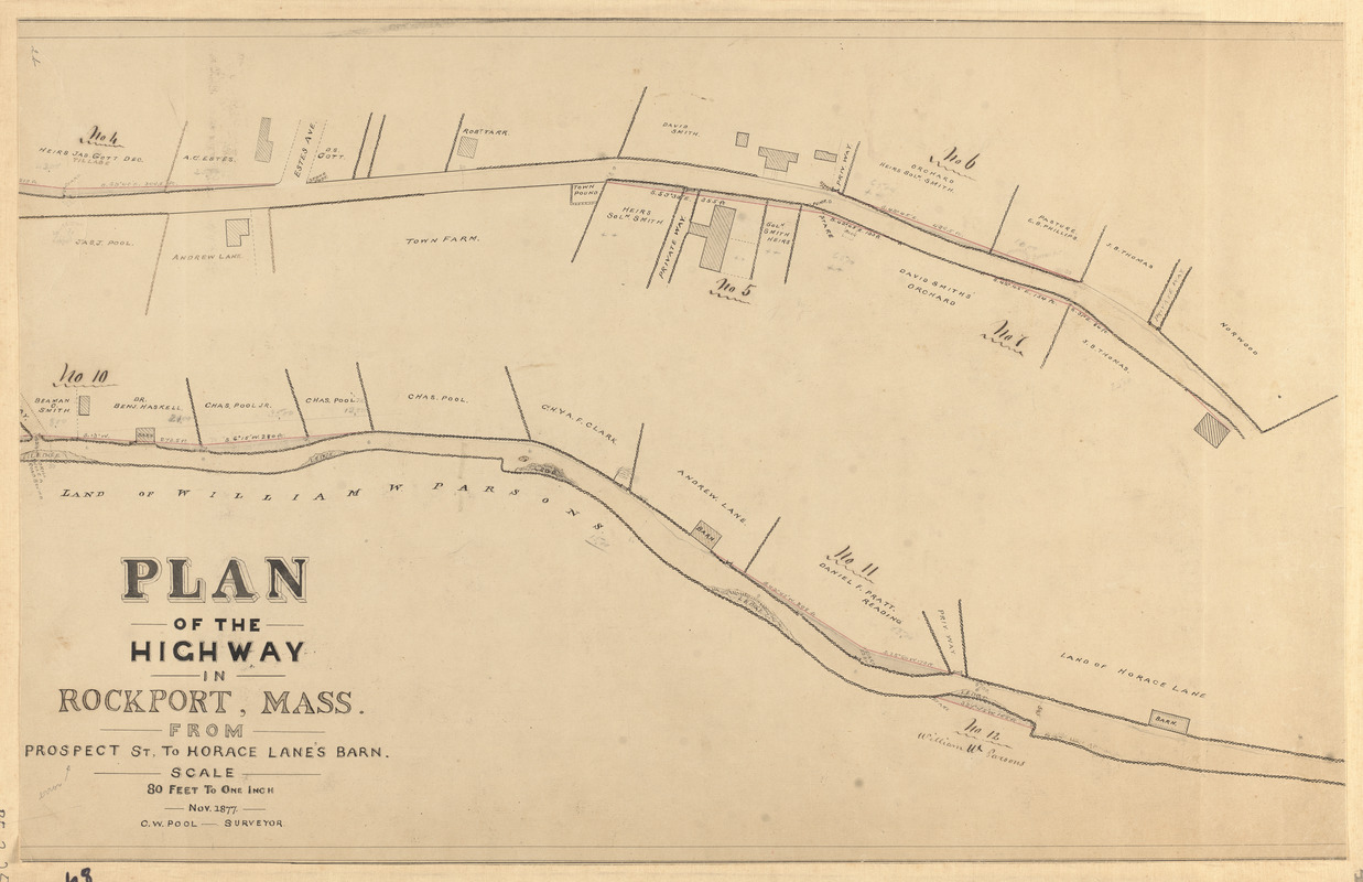 Plan of the highway in Rockport, Mass. from Prospect St. to Horace Lane's barn