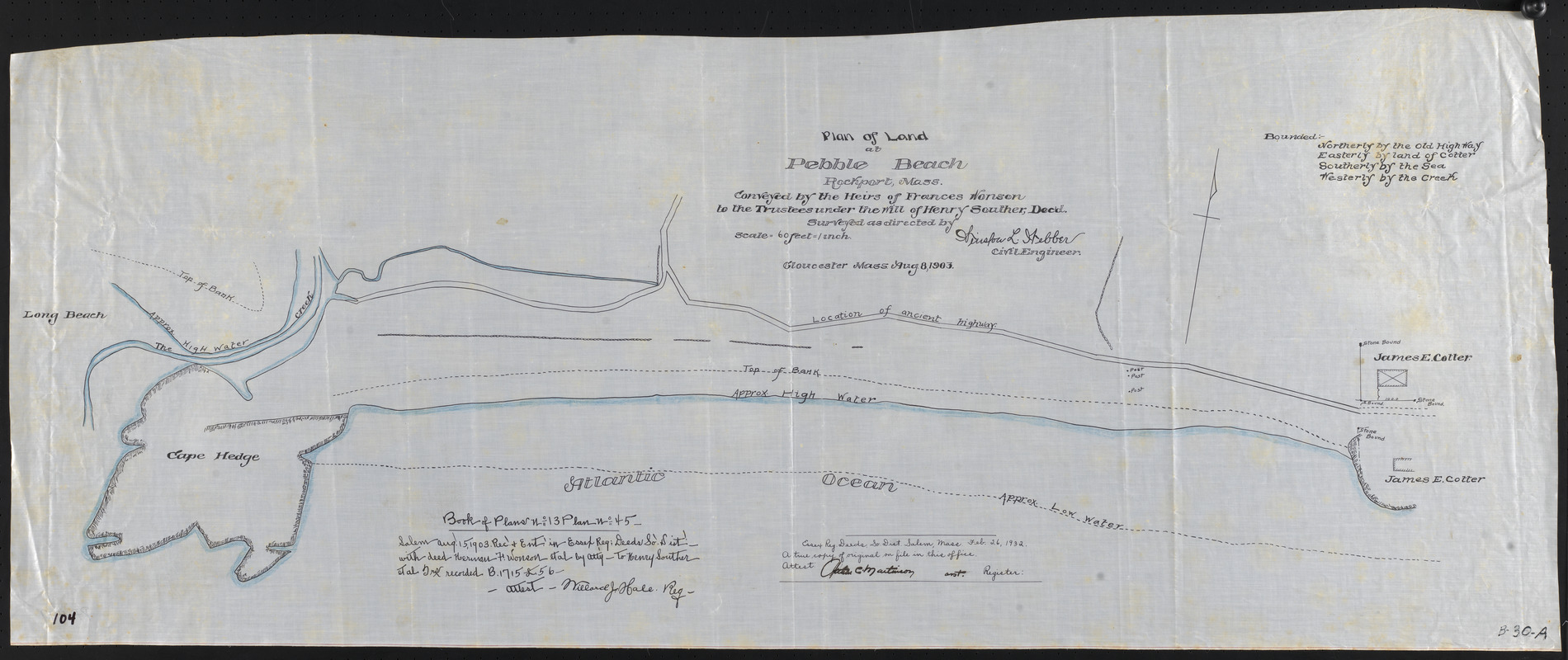 Plan of land at Pebble Beach, Rockport, Mass., conveyed by the heirs of Frances Wonson to the trustees under the will of Henry Souther, Decd.