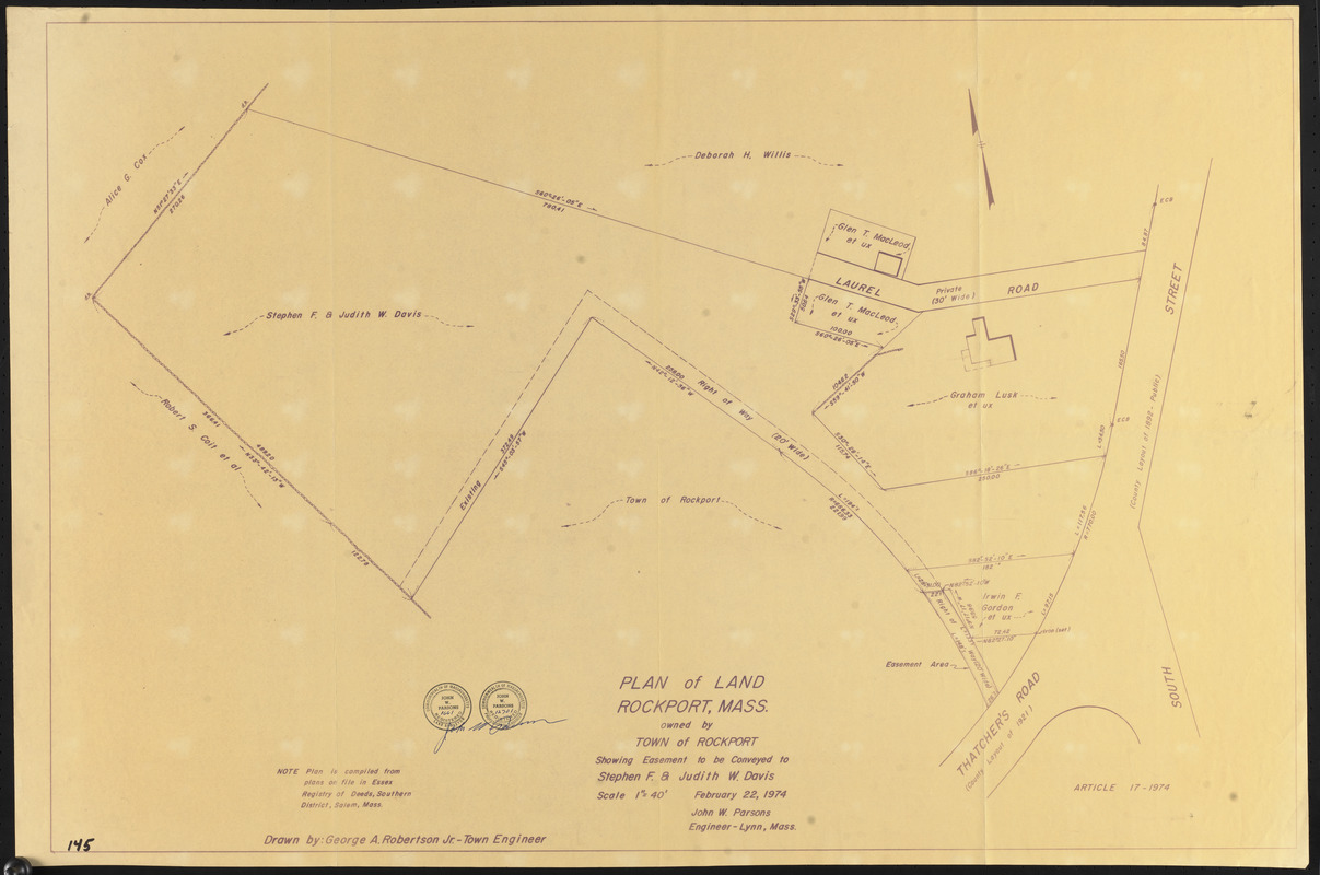 Plan of land, Rockport, Mass., owned by Town of Rockport, showing easement to be conveyed to Stephen F. & Judith W. Davis