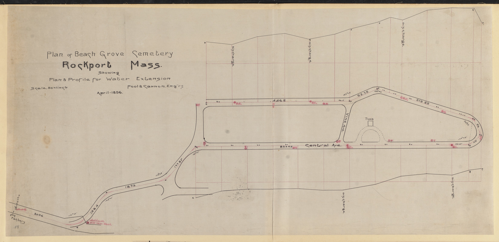 Plan of Beach Grove Cemetery, Rockport, Mass. showing plan & profile for water extension