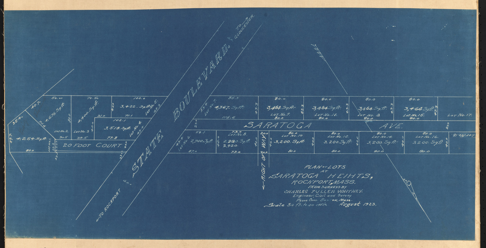 Plan of lots at Saratoga Heihts, Rockport, Mass.
