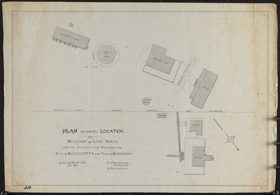 Plan showing location of buildings at Long Beach and the division line between the City of Gloucester and Town of Rockport
