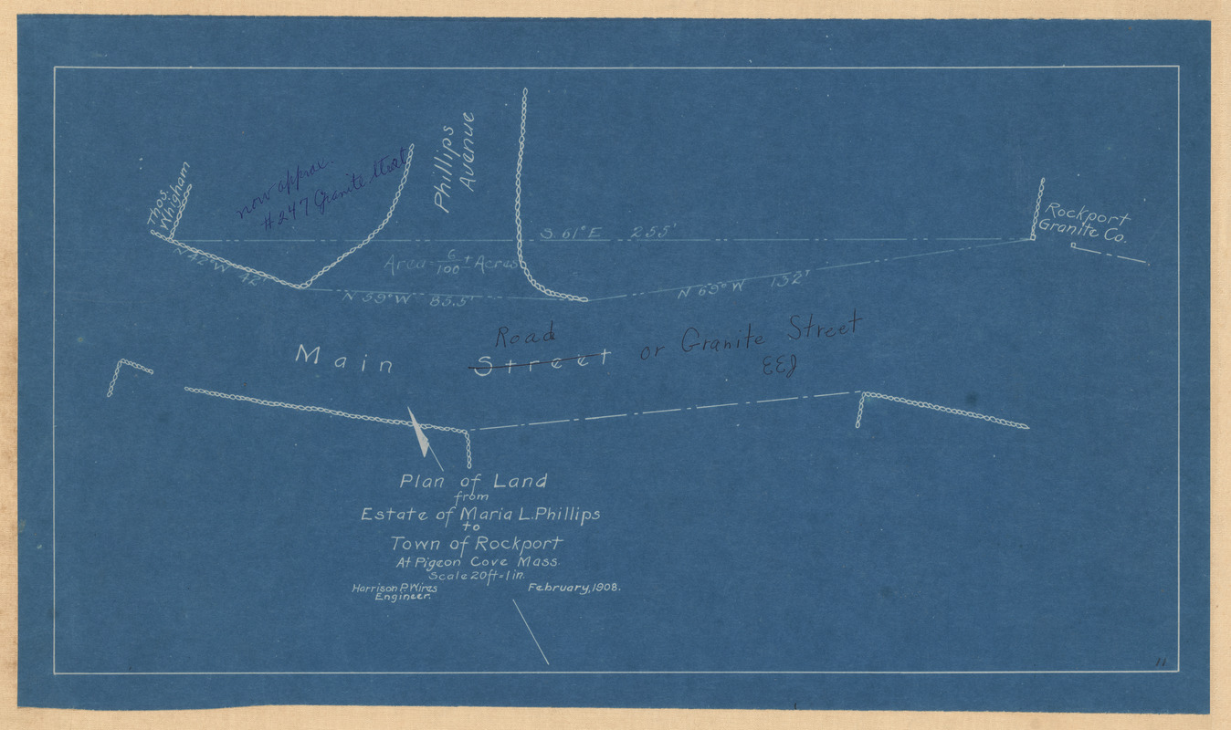 Plan of land from estate of Maria L. Phillips to Town of Rockport at Pigeon Cove, Mass.